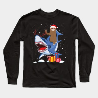 Santa Sloth Riding a Shark Reindeer-Sloth Christmas Gift Long Sleeve T-Shirt